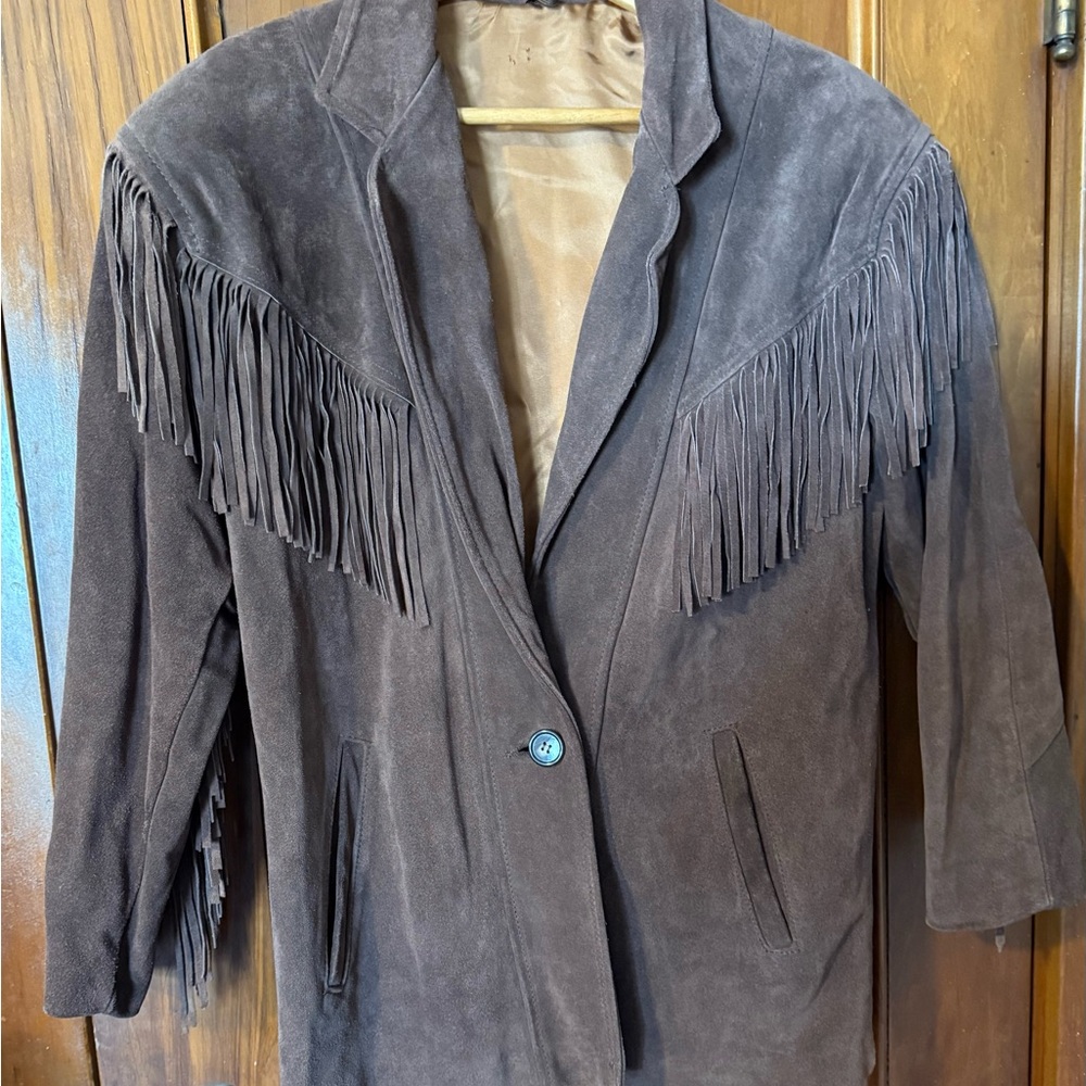 Vintage Fidelity Brown Suede Leather Fringe Boho Jacket Shoulder Pads Women’s 6